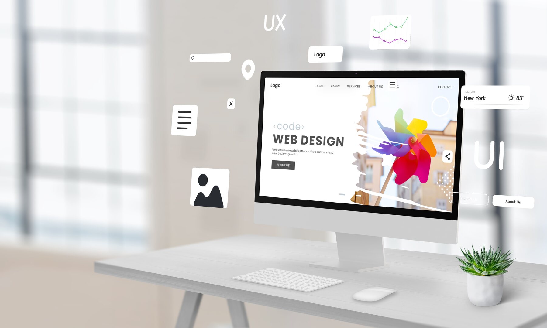 A clean business website displayed in a bright desktop workspace